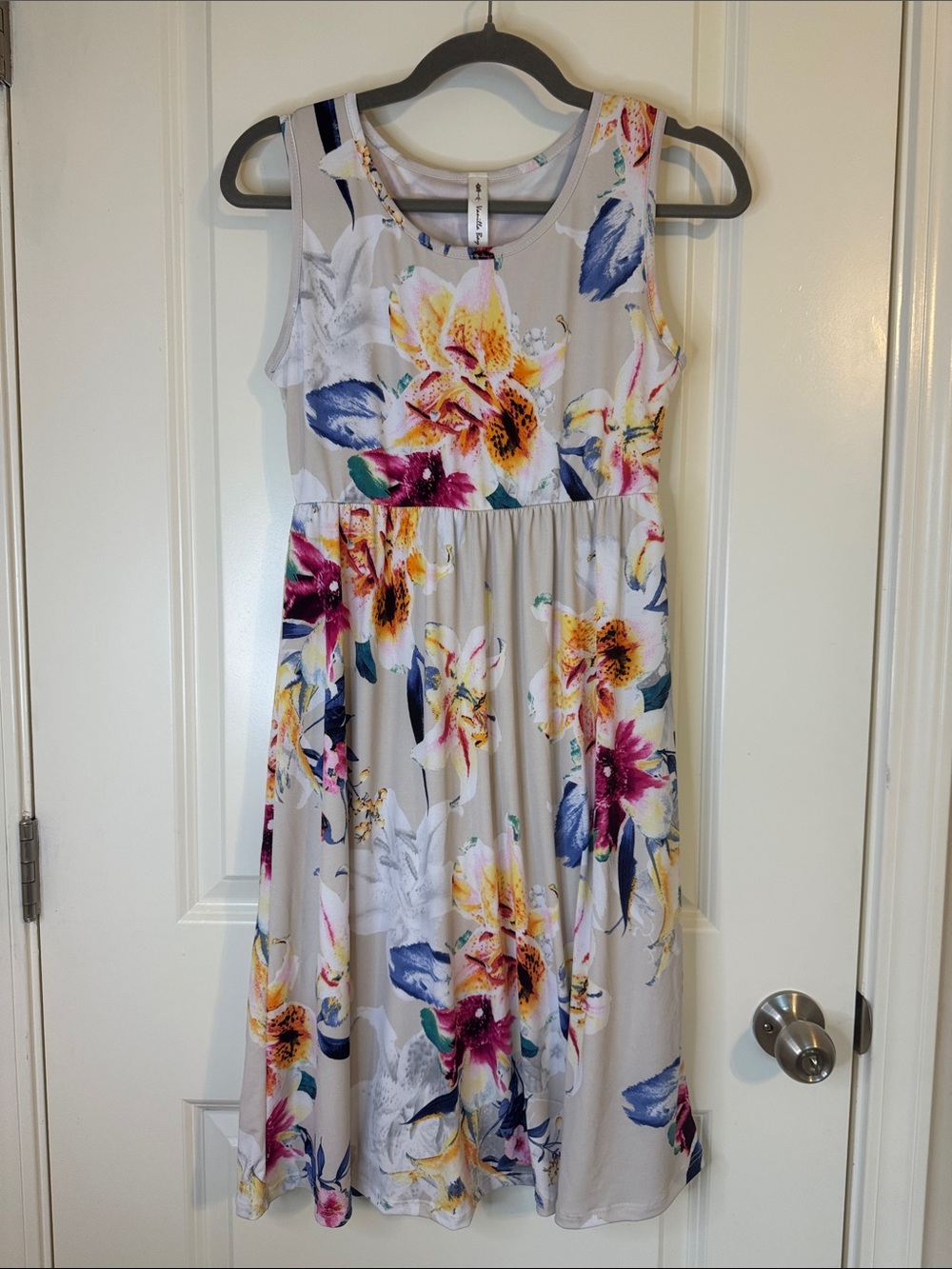 Floral Sleeveless Fit & Flare Dress - Beige with Multicolor Flowers